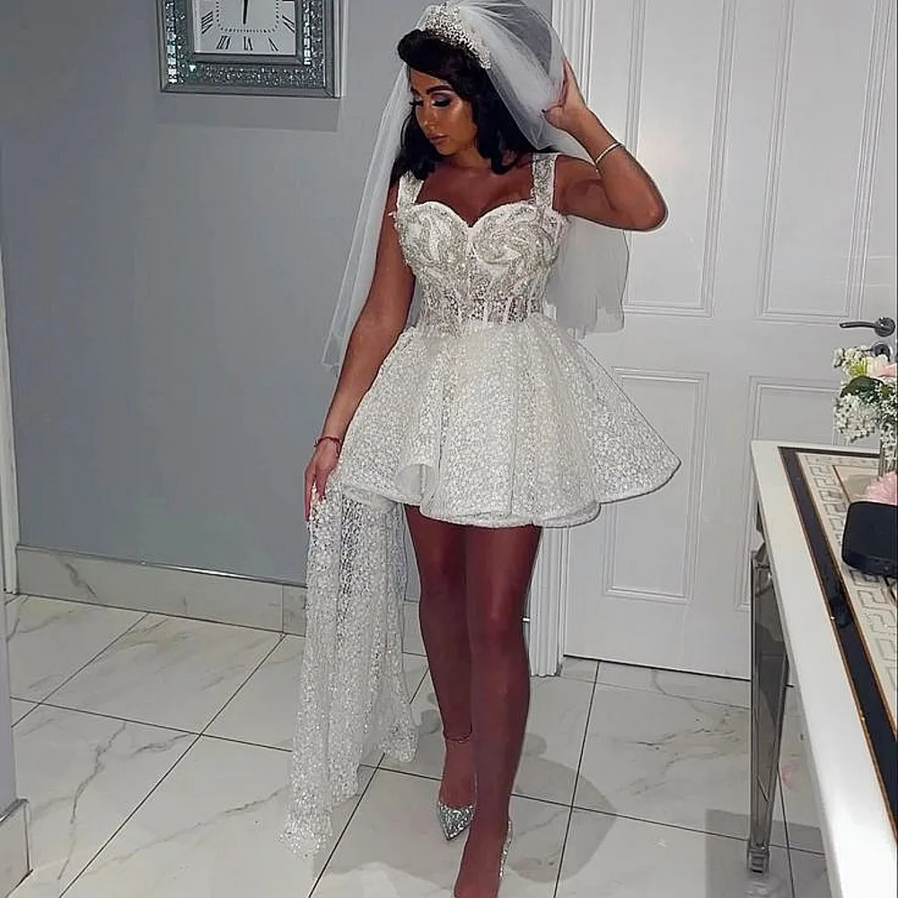 Lace Mini Cocktail Dresses Sweetheart Appliques Beads Girls Birthday Party Dress Side Train Formal Party Gowns