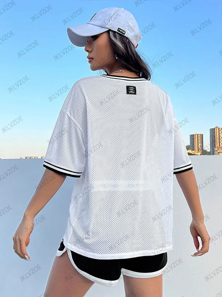 2024 Summer White Boston Print T-Shirt For Women V-Neck Mesh