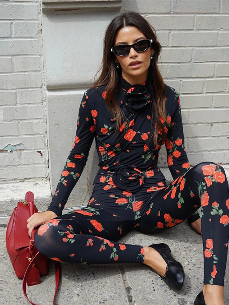 Rose 3d Floral Jumpsuit Pant Set Women Slim Long Sleeved High