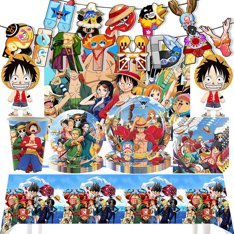 

One Pieces Theme Boys Favors Cups Plates Happy Birthday Party Napkins Decoration Events Supplies Anime Pirate Balloons Backdrop