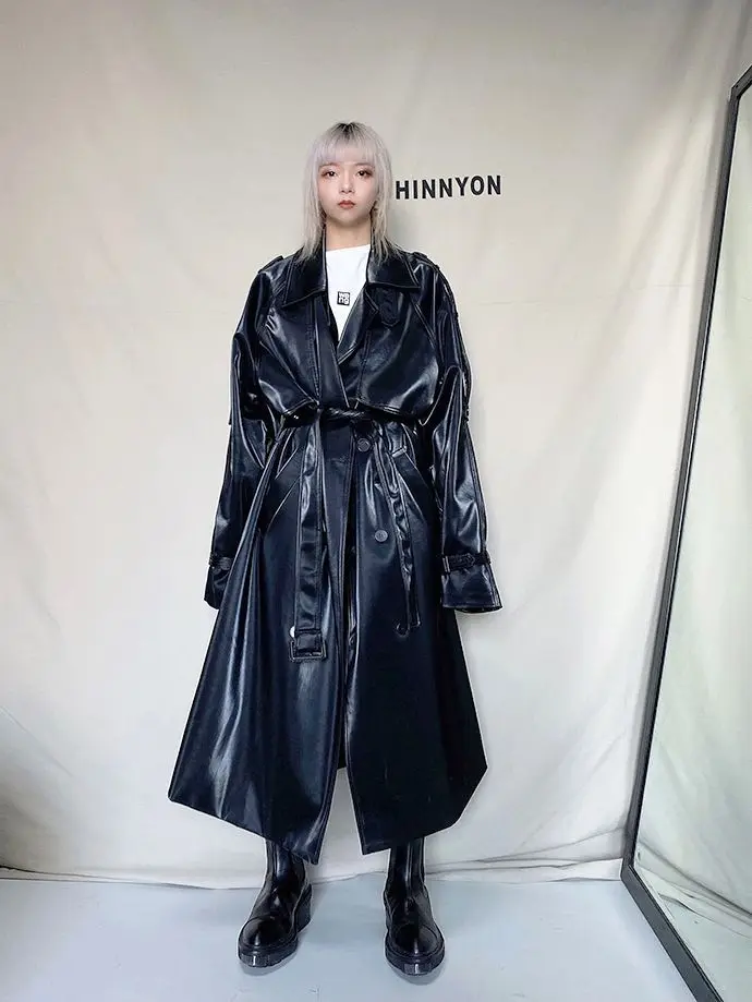 ADAgril Black Leather Trench Coat Women Retro Biker Long Windbreak Jackets Loose Korean Style Fashion Autumn Winter Clothes New