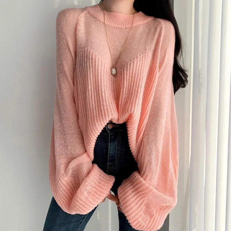 

Woman New Fairy Soft Pullover Elegant Loose Thin Lantern Sleeve Sweater Women Kawaii Sweaters Sexy Perspective Stitching Clothes