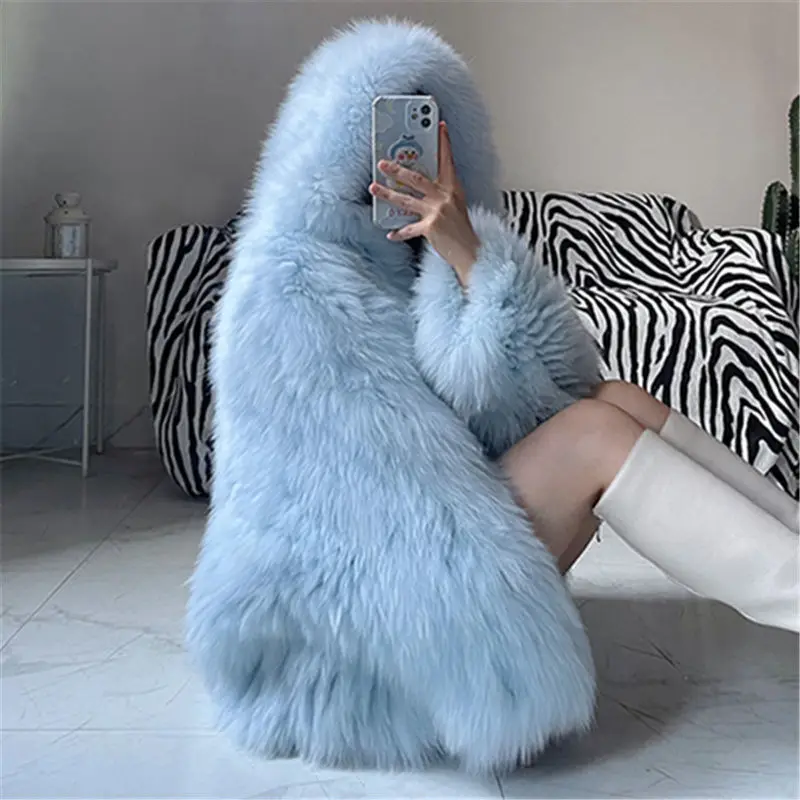 

2023 New Wool Knitted Hooded Long Sleeve Fur Coat for Women