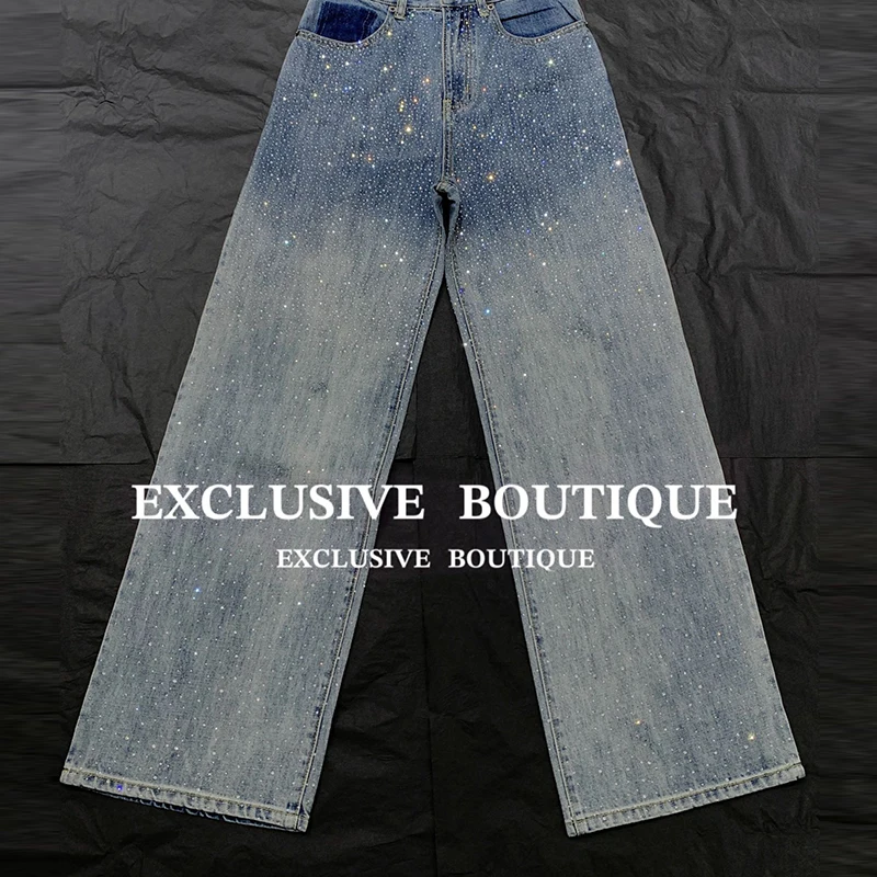 

23New 100%Cotton Full Diamond Jeans Fashion Runway High Waist Straight Leg Denim Pants Heavy Industry Women Top Quality Trousres