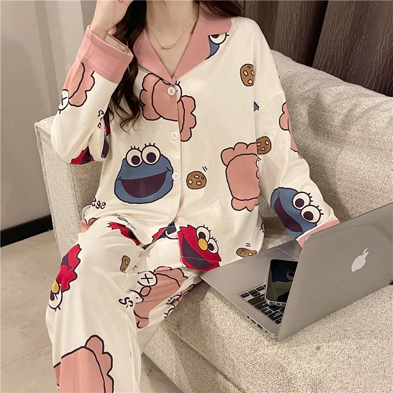 Long Sleeved Women Pijama Cartoon 2022 New Spring Pajamas Anime Home Clothes V Neck Girls Sleepwear Thin Fashion Pyjama 2 Pcs