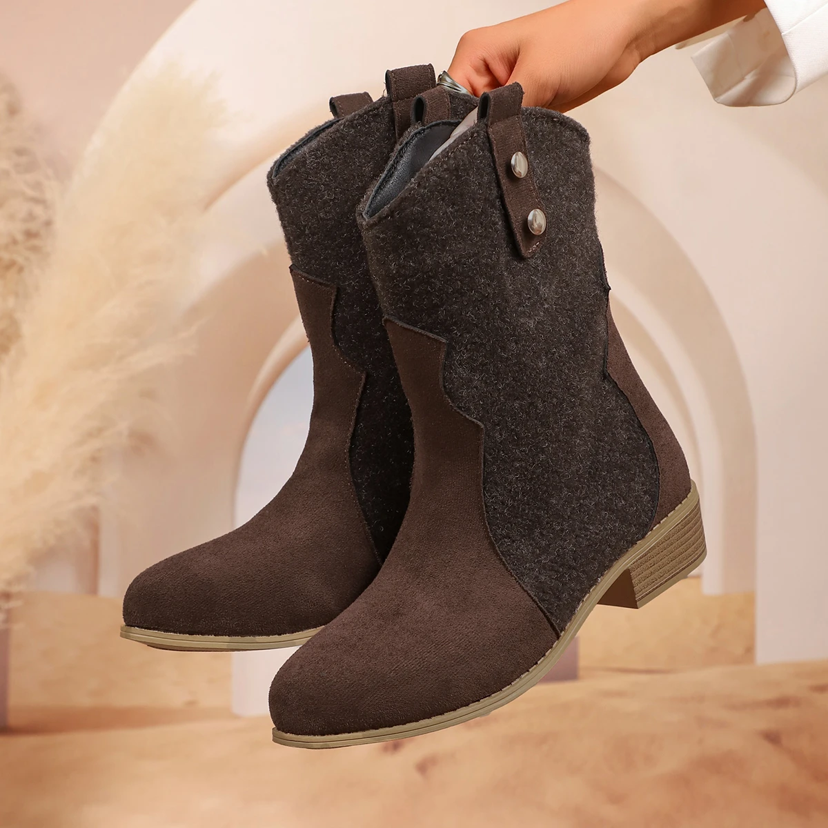 Aphixta Brown Modern Boots Pointed Toe 5cm Square Heel Woman Ankle Boots Slip On Western Boot Autumn Winter Ladies Shoes