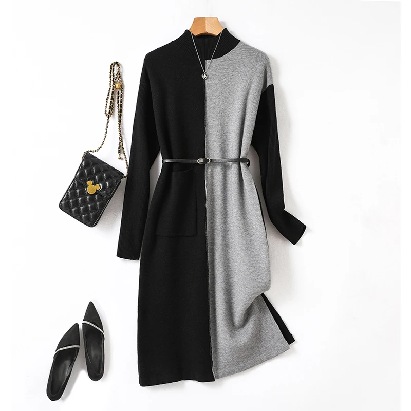 

Contrast Color Asymmetric Patchwork Women Knitted Dress Autumn New Fashion A Line Elegant Midi Dress