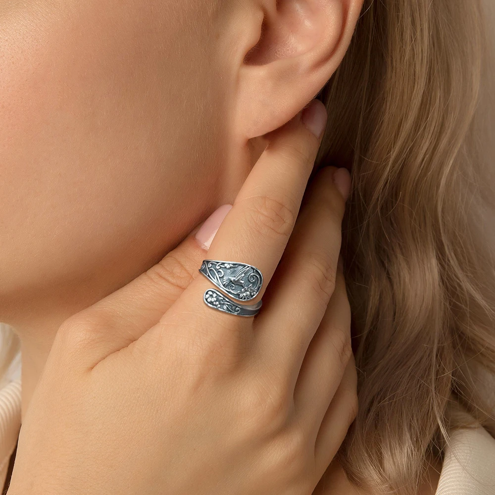 Vintage Bohemian Women's Spoon Ring, Engraved Sunflower And Hummingbird Pattern, Antique Silver Elegant Ethnic Jewelry