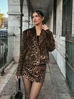 Fashion Long Sleeve Blazers Top Women 2 Pieces Leopard Printed Mini Skirt Sets Women's Suit Two Piece Set Women Outfit