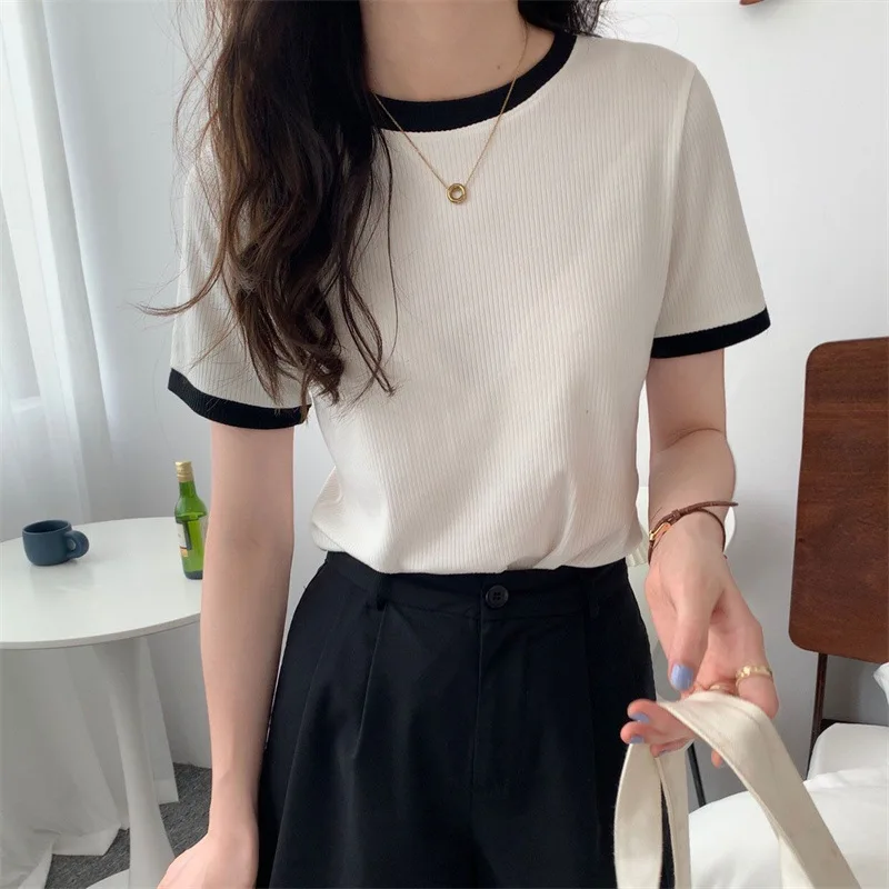 Summer New Crop Tops Fashion Women Slim O-Neck Patchwork Solid Y2K Women's Tops Casual Sweet Vintage Short Sleeve T-shirts 2025 2