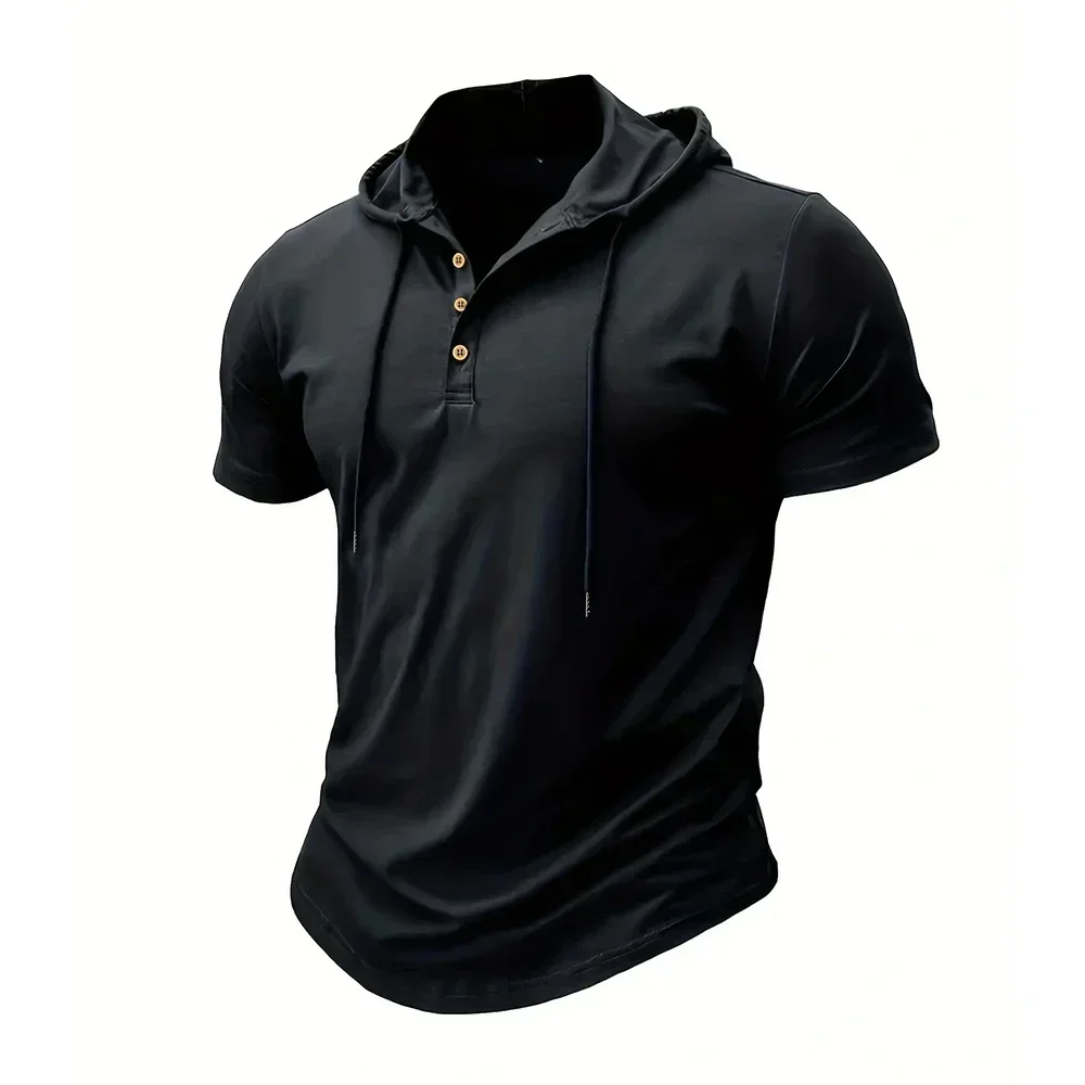 Men T Shirts  Summer Slim Fitness Hooded Short-Sleeved Bodybuilding Quick Dry Tshirt Male Gym Clothes Breathable Sports Tops - 2