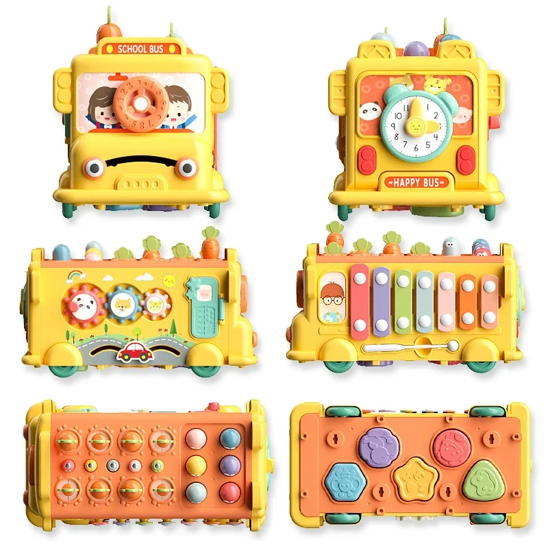 Multifunction Bus Children Toys Musical Instrument Cartoon Pulling Out Carrots Baby Montessori Educational Toys Bus Storage Box 5