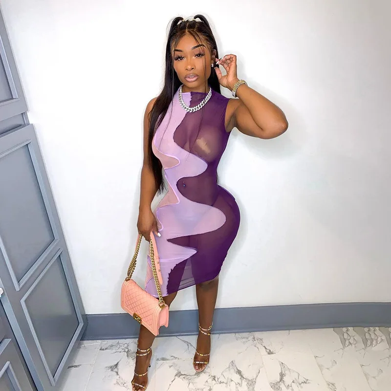 

Женское Прозрачное платье без рукавов, платье с круглым вырезом контрастных цветов, Новинка лета 2024