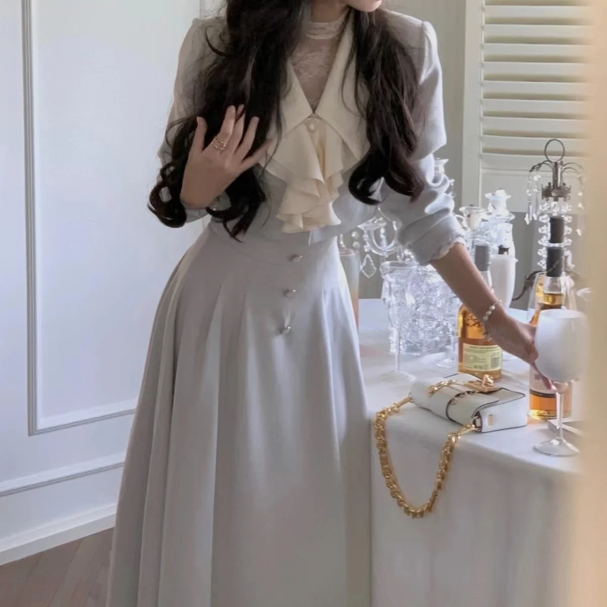 원피스세트 여성용 빈티지 분위기 있는 하이 스플릿 롱 드레스, 가슴 감싸기, 섹시한 패션, 우아한 할로우 세트, 다크 그린, 8879, 여름 신상 11 여성용 우아한 투피스 스커트 세트, 단색 스위트 파티 미디 스커트 수트, 캐주얼 한국 패션, 시크 롱 스커트 세트, 가을 2023