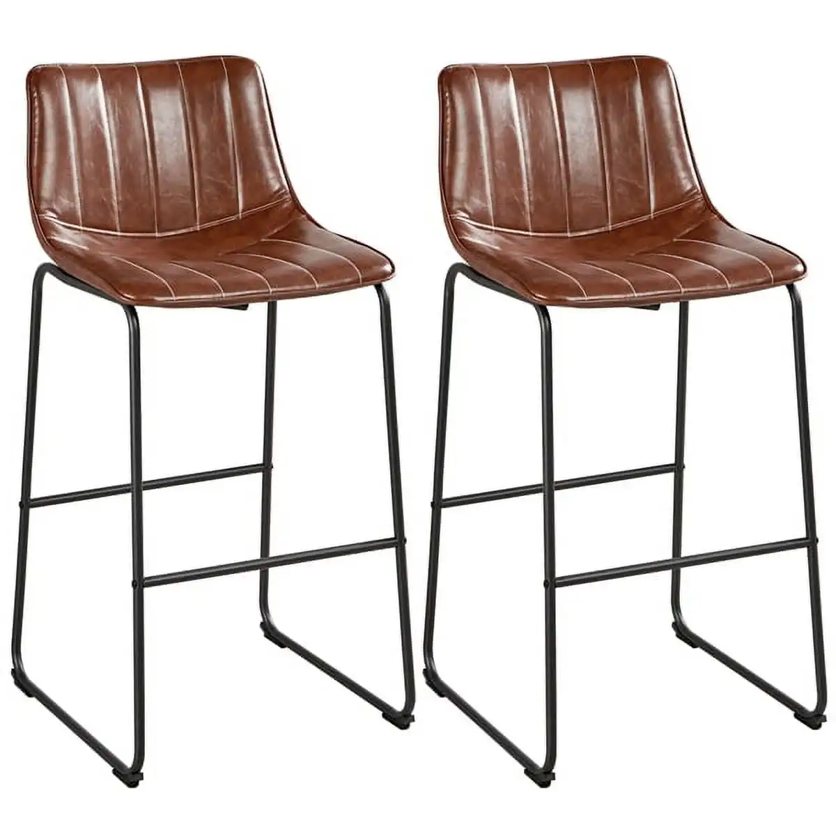 

Counter Height Stool Set of 2 Brown Faux Leather Bar Chairs w/Backrest