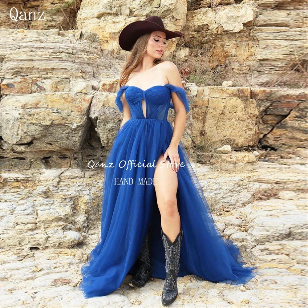 

Qanz Classic Tulle Evening Dresses Off the Shoulder Royal Blue Long A Line Formal Occasion Dresses High Slit Vestidos De Noche