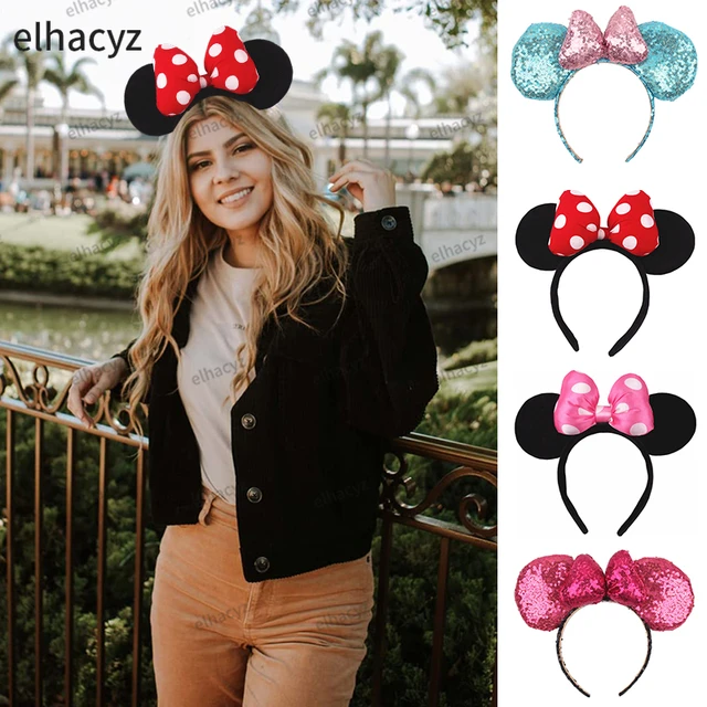 Diadema con orejas de Minnie Mouse para mujer, Diadema con lazo de