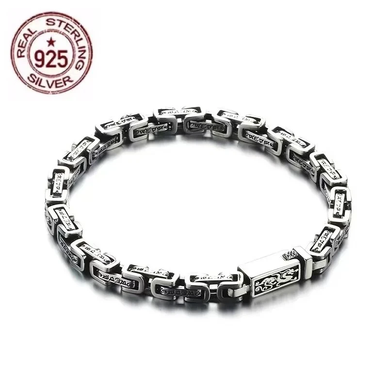 

Vintage S925 Sterling Silver Punk Bracelet Hip Hop Hipster Six-word Spell Exorcist Bracelet Free shipping