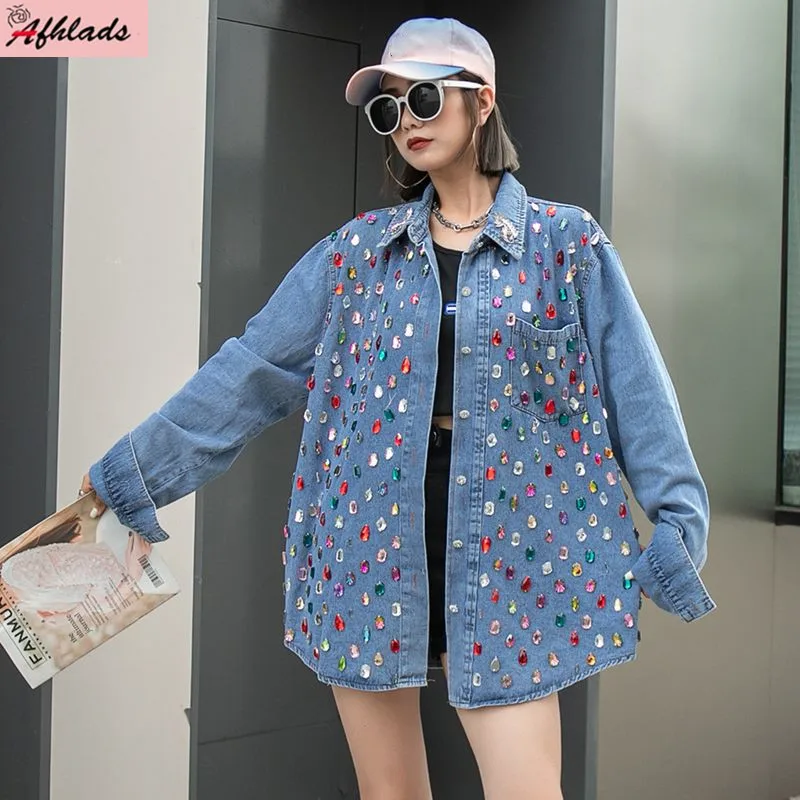 

Runway Spring And Autumn Rainbow Diamond Turn-Down Collar Shirt Long Sleeve Single Breasted Casual Fashion Women Blouse