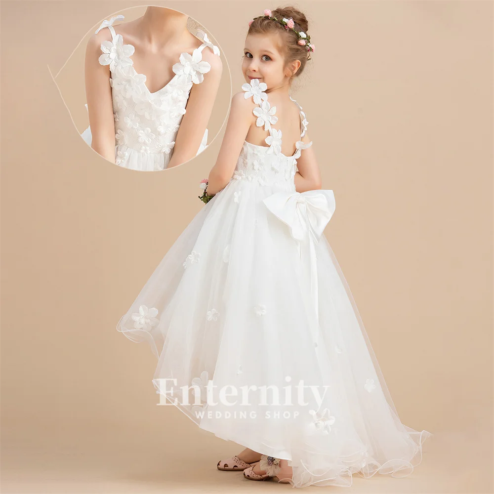 Flower Girl Dresses Ball-Gown V-Neck Girls Elegant Dresses Asymmetrical Tulle Beading Flower Wedding Dresses Vestidos Para Niñas