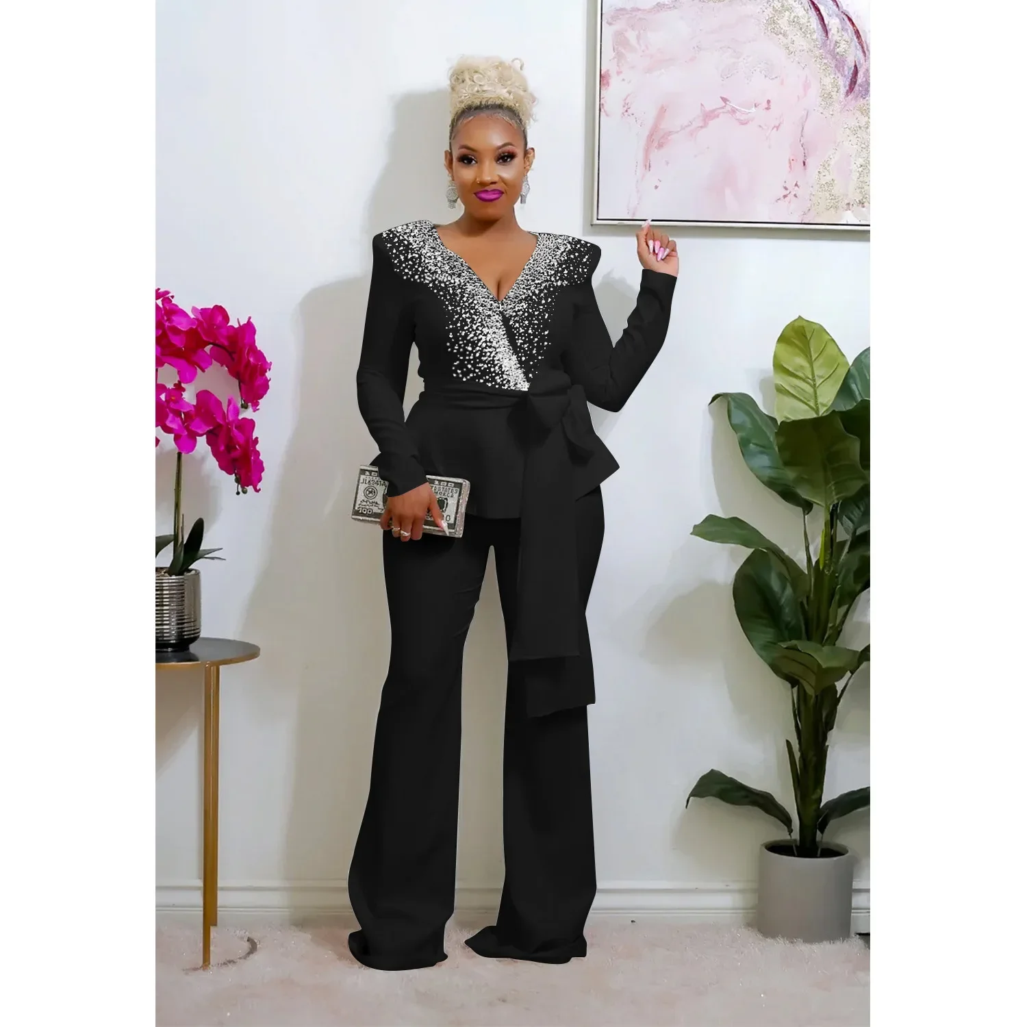

2023 Spring Autumn Pant Suits For Women Long Sleeve V-neck Black Blue White Fashion Pearls Lace Up Coat And Trouser 2 Piece Sets