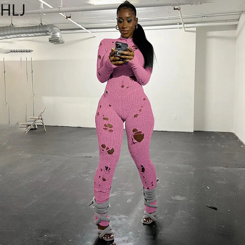 HLJ Sexy Knitting Hole Bodycon Jumpsuits Women Round Neck Long Sleeve Slim Hollow Out Slim Playsuits Female Solid Sporty Rompers