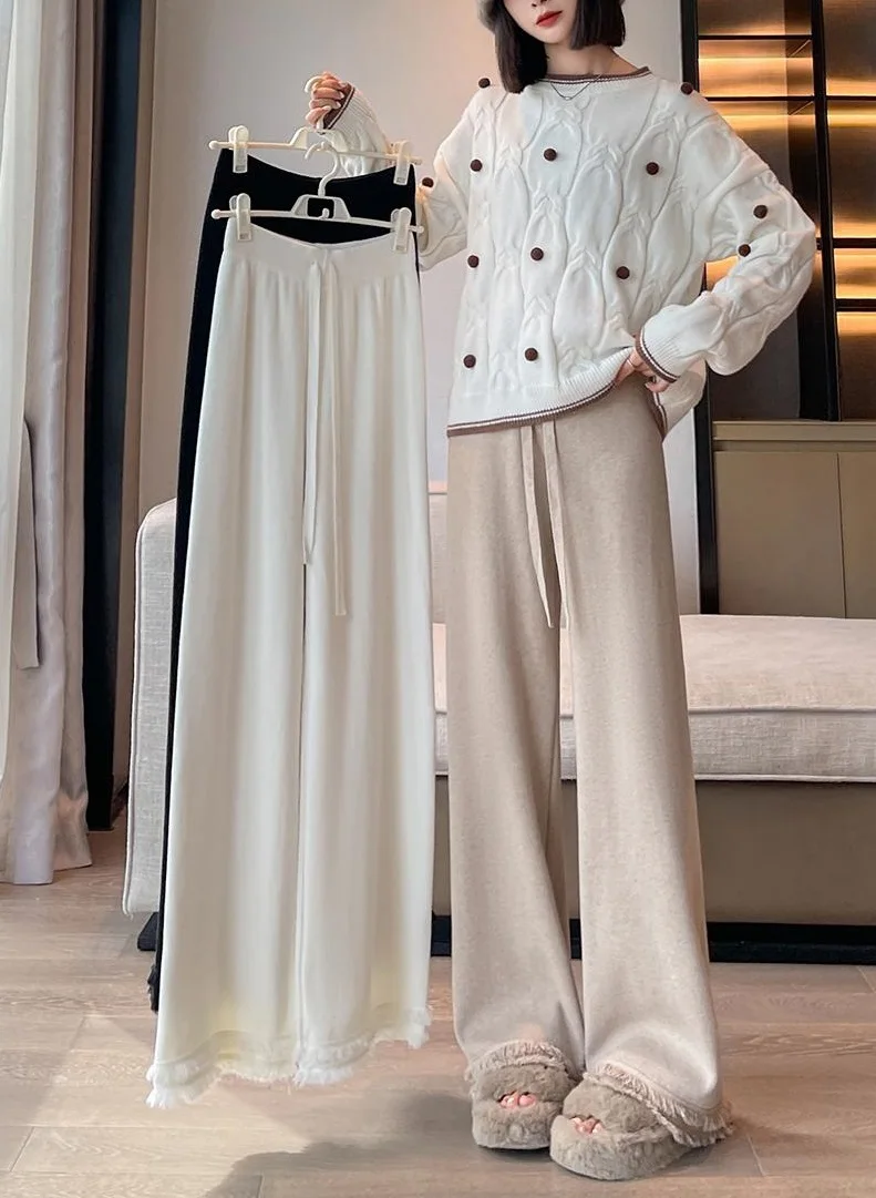 Thickened tassel knitted wide leg pants for women with high waist drawstring for slimming casual floor mop pants