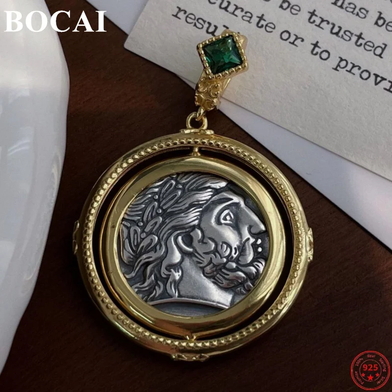 

Genuine BOCAI S925 Sterling Silver Pendants for Women Men New Fashion Retro Style Relief Ancient Coin Can Rotate Free Shipping