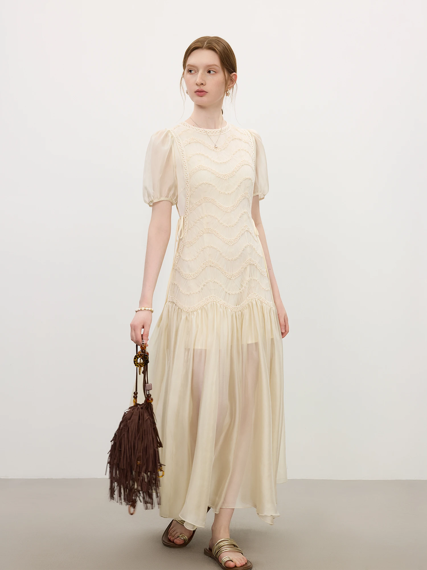 FSLE 2025 Summer Women's Mesh Embroidery Dress Hollow Out Splicing Bubble Sleeves Waist Tie Y2K Trendy Boho Chic 25FS12832 2