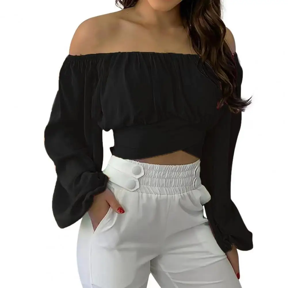 

Women Cropped Tops Stylish Off Shoulder Lantern Sleeve Blouse with Lace-up Detail Women's Sexy Cropped Top for Streetwear