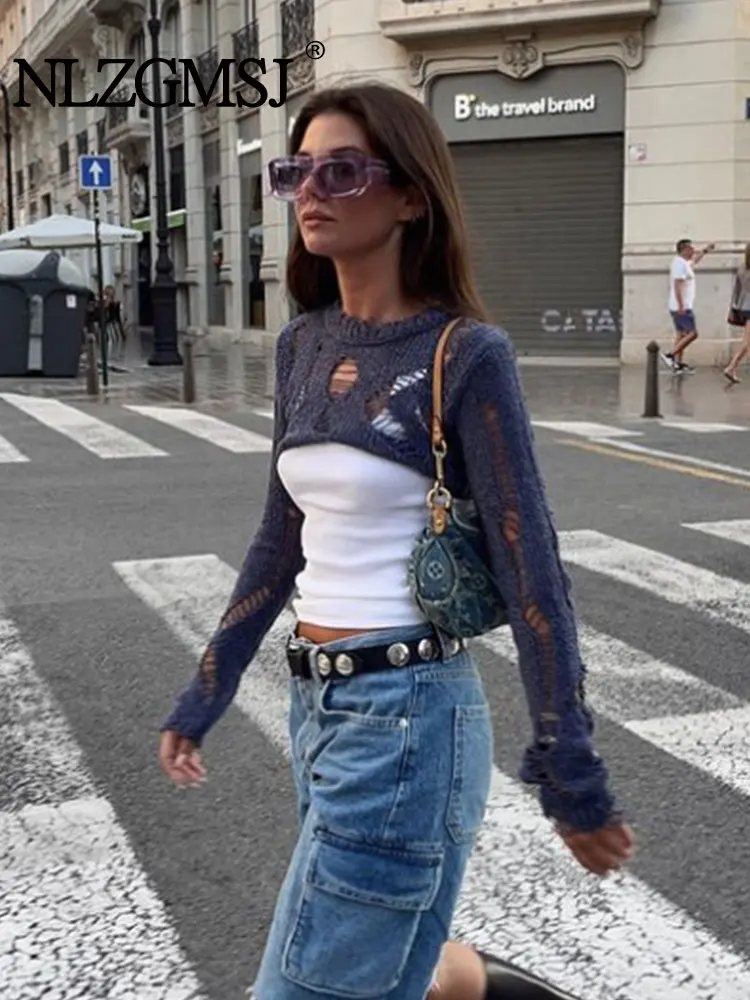 

TRAF 2023 Autumn Y2K Women Sweaters Hollow Out Knitted Long Sleeve Loose Jumper Crop Top Female Pullovers Pull Sexy