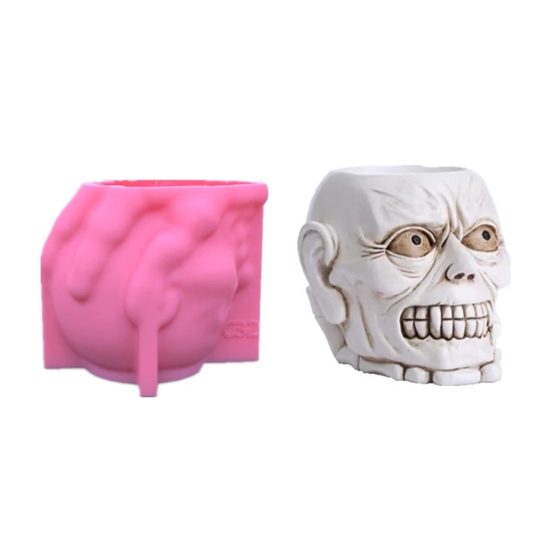 Y4QE Diy Skull Flower Pot Silicone Mold Cement Flower Pot Abrasive Tools Concrete Skull Flower Vase Mold Polymer Clay Decor
