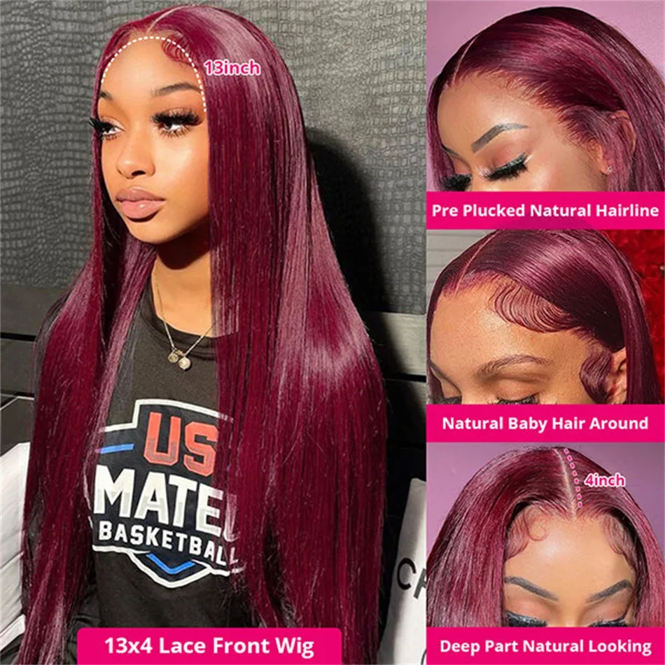 99J Colored Lace Front Human Hair Wigs Straight Burgundy 13x4 HD Transparent Full Lace Frontal Wig Red Glueless Wigs For Women 2