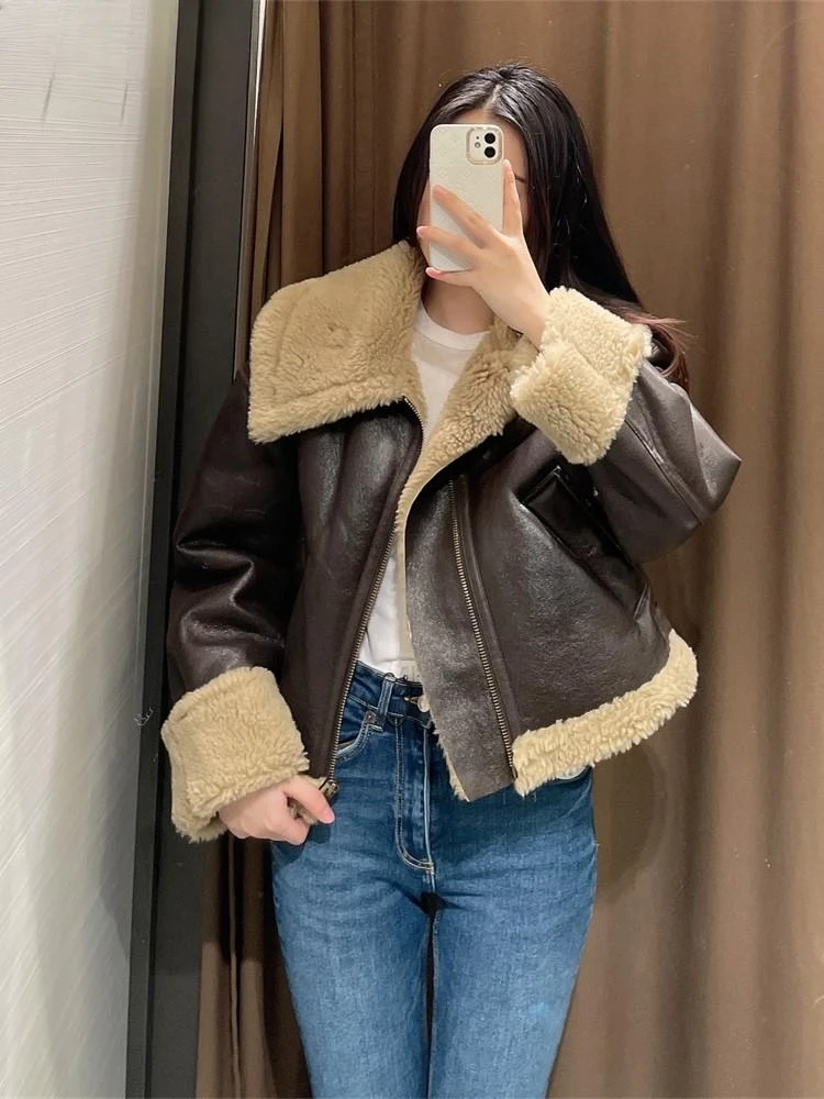 Fashion Fur Coat Women Lamb Wool Lapel Jackets Double-sided Short  Women Coat   Autumn And Winter Warm Cotton Jacket Coat fashion biker 1n23456 motorcycle t shirt short sleeved suit men s shorts racing top motorcycle punk casual double sided shirt