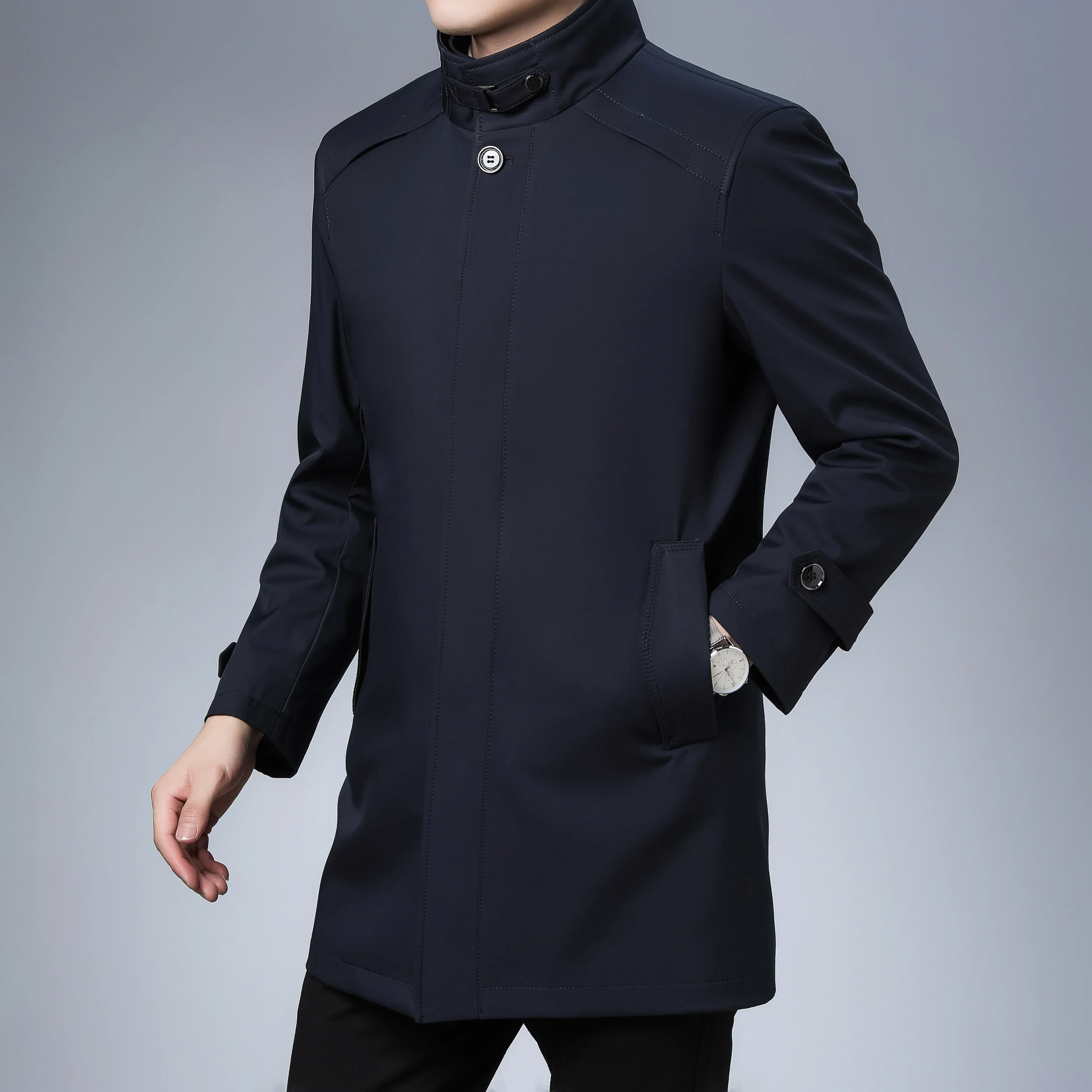 Mens Spring Autumn Windbreak Overcoat Long Trench Coats Business Casual Spring Men's Solid Turn-down Collar Long Jacket Clothing