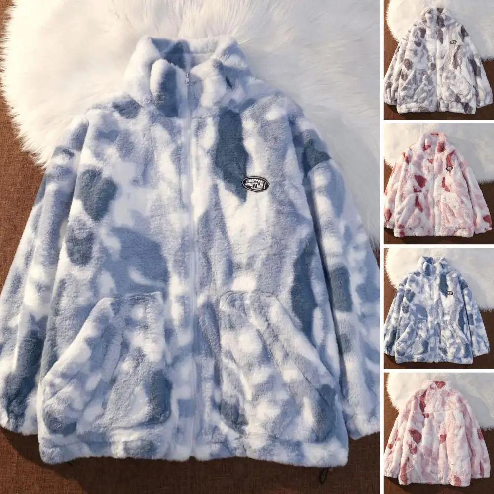 

New Women's Tie Dye Lamb Fleece Jacket Autumn Winter Zipper Outerwear Warm Plush Jackets Harajuku Casual Loose Female Thick Coat