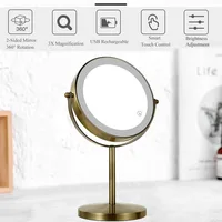 กระจกแต่งหน้า LED สองด้านสีบรอนซ์, กระจกแต่งหน้า 3X/5X, ใช้พลังงานจาก USB, ระบบควบคุมแบบสัมผัส 3 สีและปรับความสว่างได้ 3