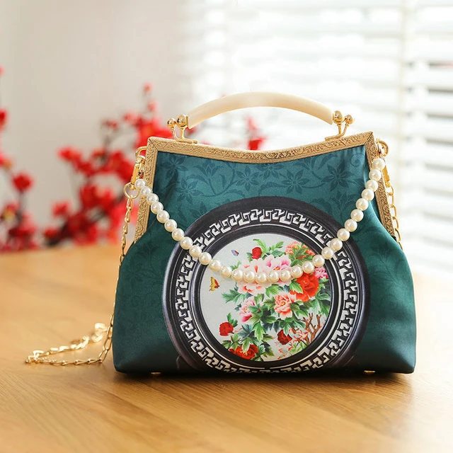 Chinese Traditional Design Lady Satin Fabric Floral Messenger Bag With  Beads Chain Women Vintage Retro Chic Luxury Shoulder Bag - Shoulder Bags -  AliExpress