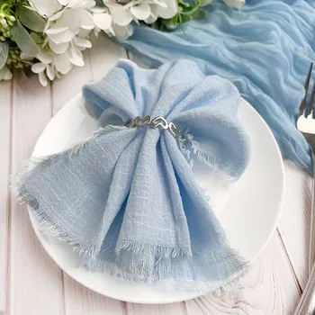 Serviettes de mariage en gaze de coton 32x32cm, 6 pièces, serviette de thé réutilisable à garniture bleue, serviettes rustiques rétro à bavures pour dîner, fête, mariages 1