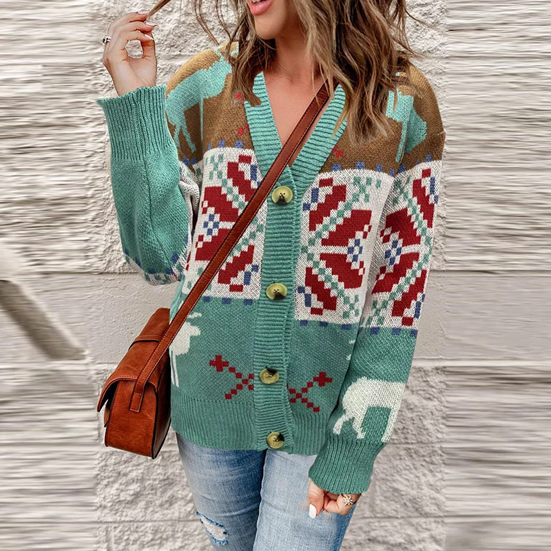 

2023 New Christmas Printed Knitted Sweater Women's Sexy V-neck Single Breasted Cardigan Fashion Crochet Long Sleeved Loose Coat