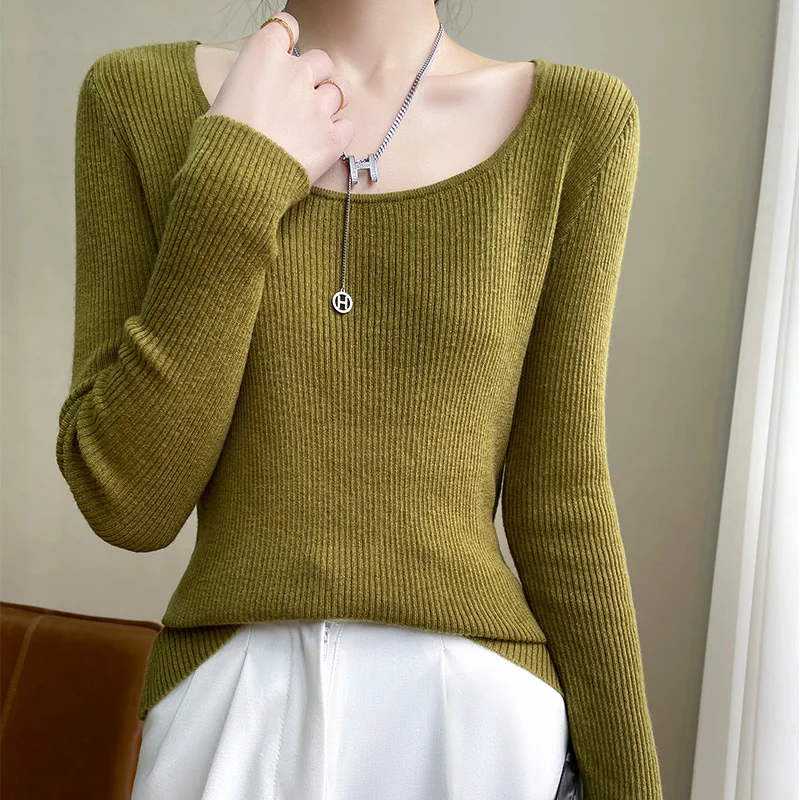 

Spring And Autumn 100% Pure Wool Sweater Women's Low Round Neck Sweater New Knitted Bottoming Shirt Thin Slim Fit All-Match Top