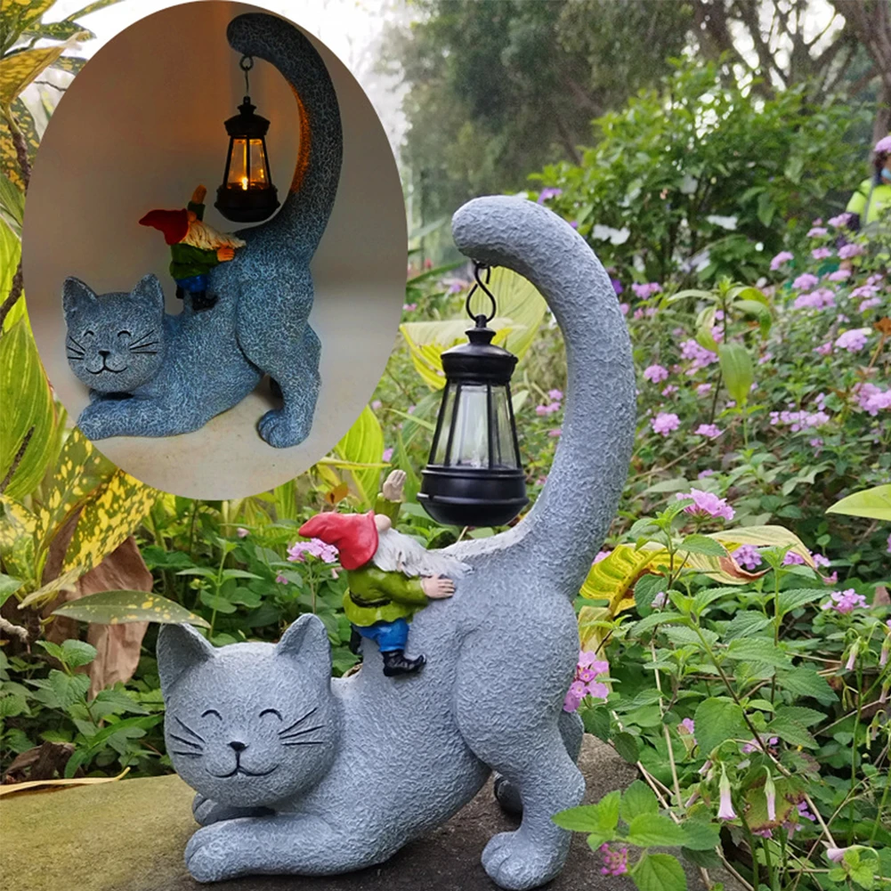 태양열 정원 조각상 고양이 입상, LED 조명 포함, 태양열 랜턴 잔디 장식, 조각상 집들이 선물, 고양이 애호가