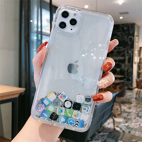 Quicksand Cover for iPhone 13 12 11 Pro Max Liquid Hard Phone Shell for iPhone 6 6S 7 8 Plus X XR XS Cute Apps Icon Case