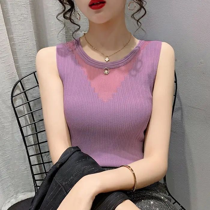 

Ice Silk Crewneck Lace Openwork Sleeveless Knit Women's New Foreign Style Vest Woman Sexy Top Mesh Top