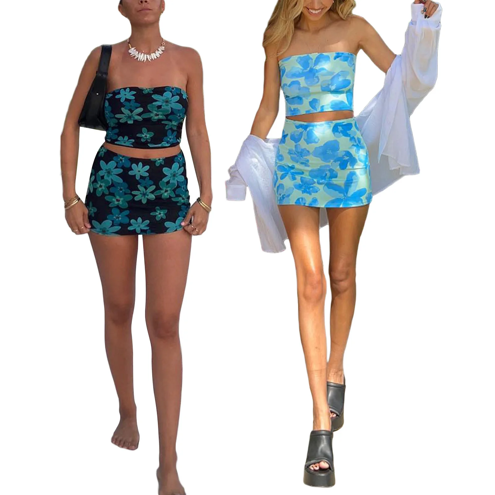 

Women's Summer Short Skirt Suit Floral Print Sleeveless Tube Tops Mini Skirt Two Piece Set