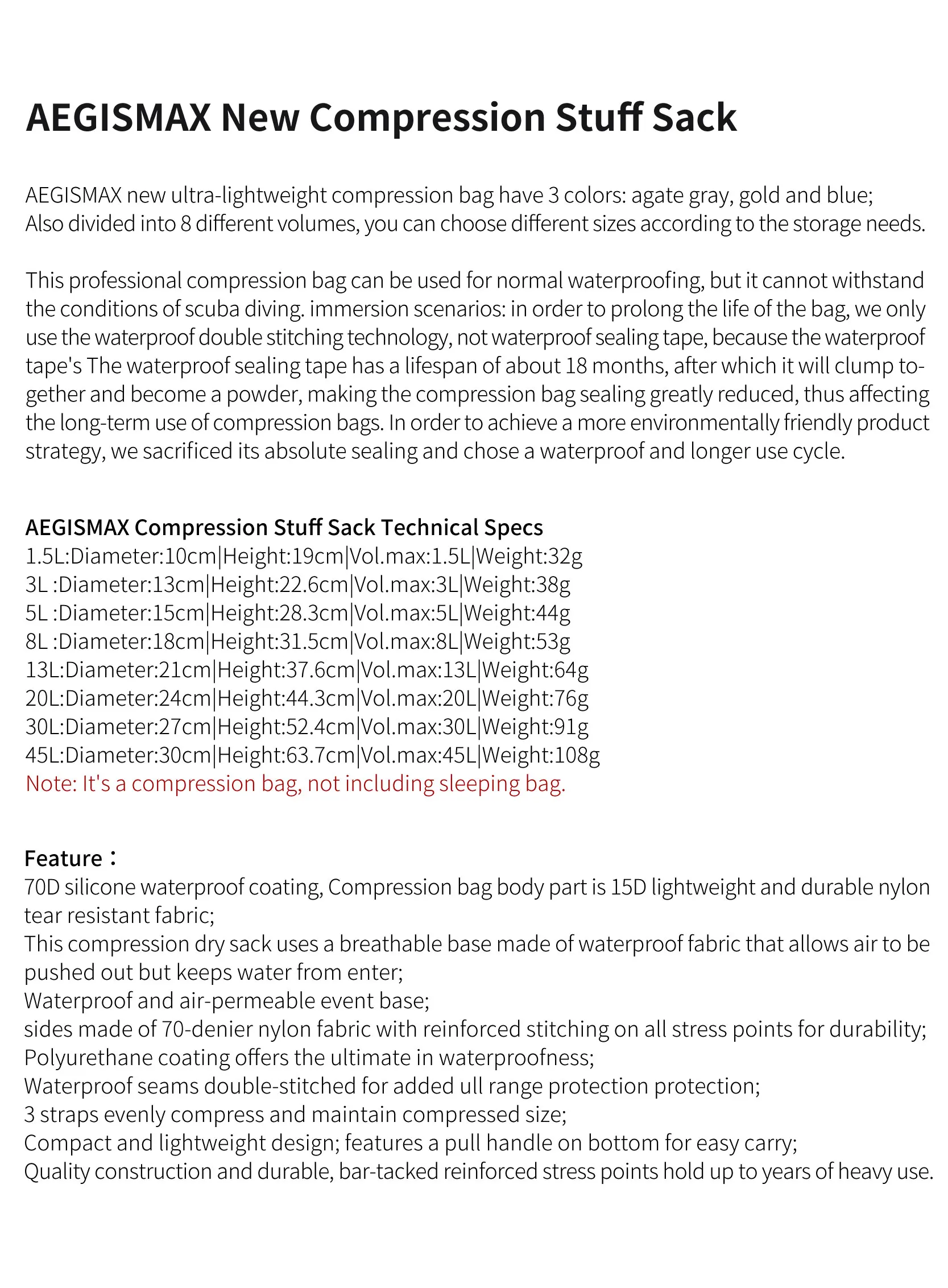 AEGISMAX Neuer Kompressions-Schlafsack Ultraleichter Packsack für Daunenjacken Outdoor Wasserfester Camping-Aufbewahrungsbeutel – Detail 1