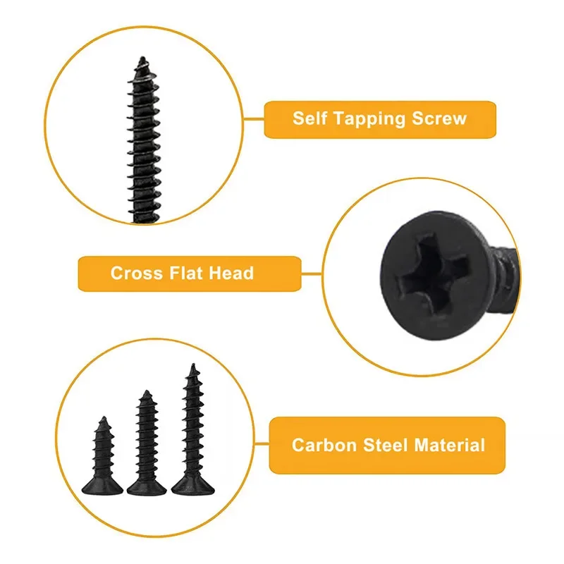 M1 M1.4 M1.7 M2 M2.3 M2.6 M3 M4 Black Cross Recessed Countersunk Flat Head Self-tapping Screws Phillips Wood Screw 50Pcs self tapping screw kit self tapping screw tapping screws phillips flat screw cross phillips screw phillips head screw