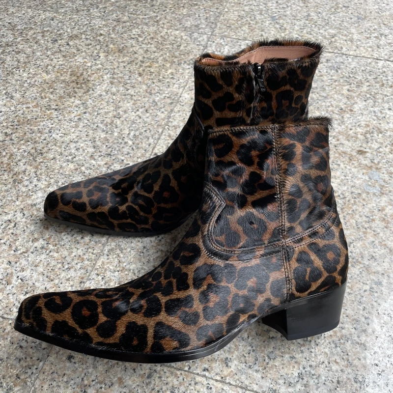 Leather Mens Cheetah Print Boots Mens Genuine Horse Leather