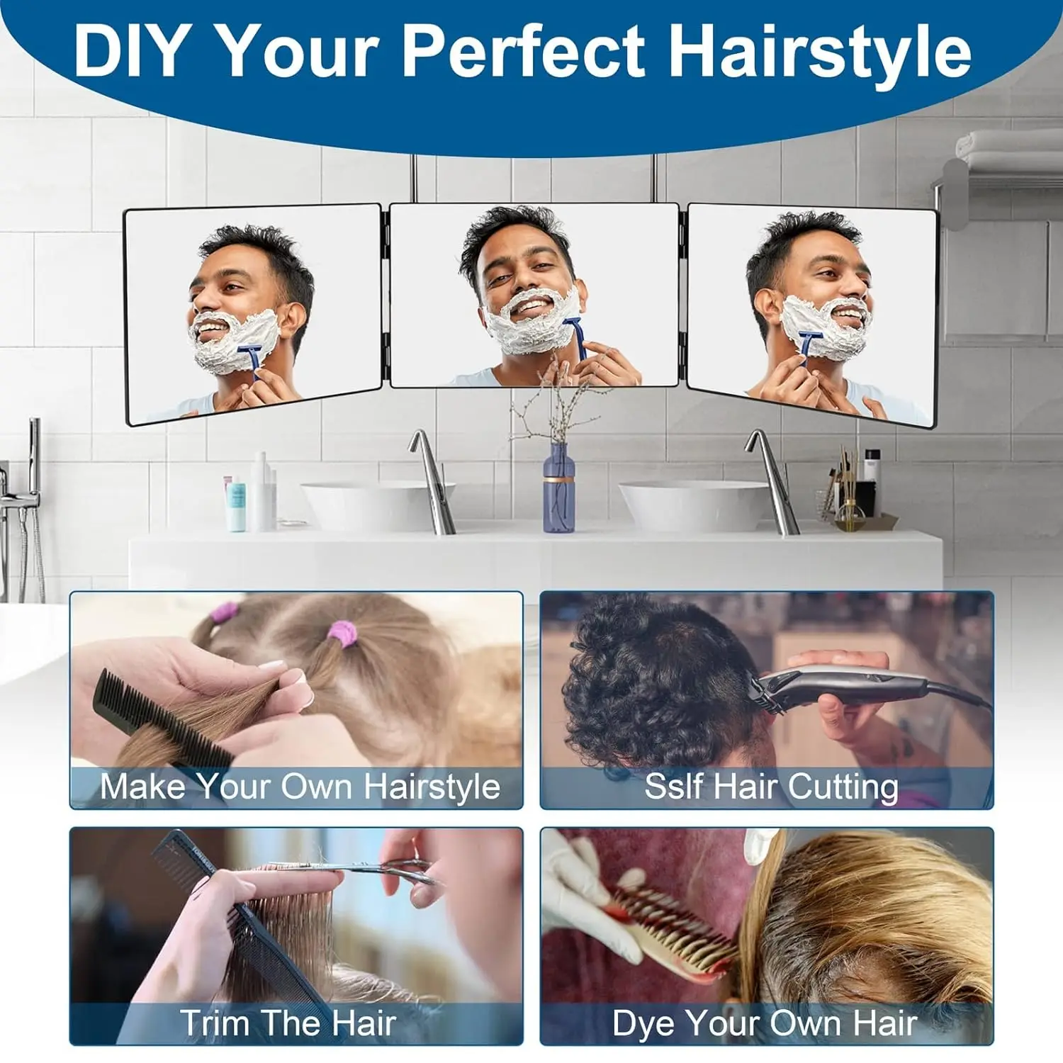 مرآة قابلة للطي ثلاثية الجوانب بزاوية 360 درجة، مر...