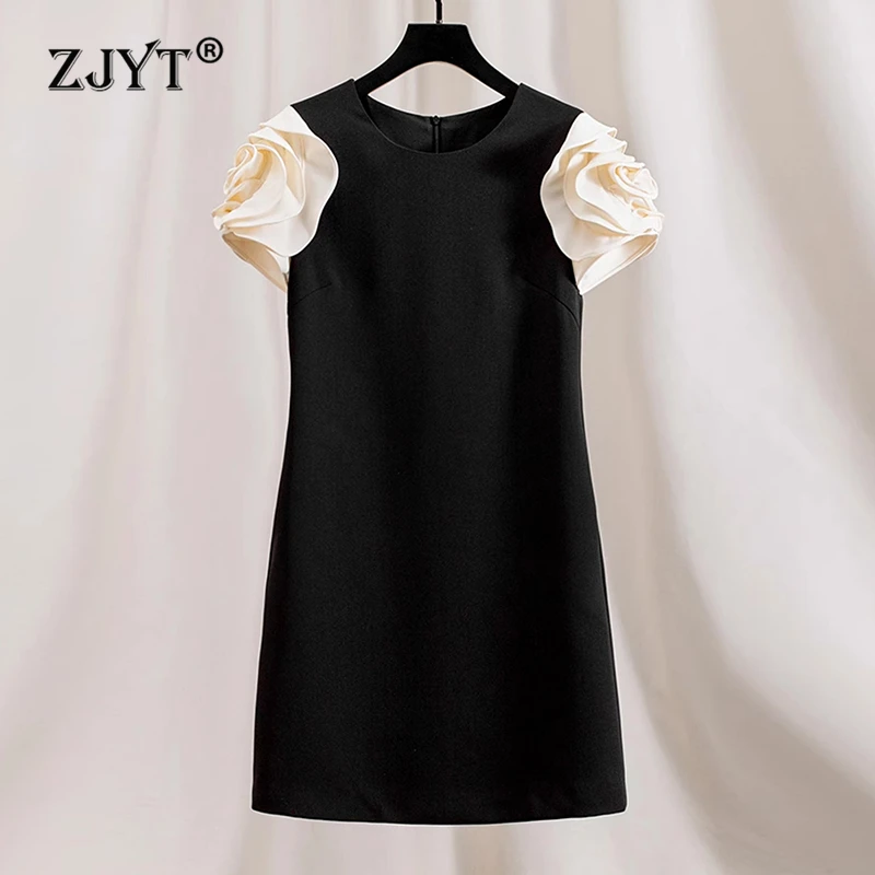 zjyt-vestido-preto-simples-para-mulheres-passarela-floral-3d-manga-curta-cintura-solta-casual-elegante-femea-verao-2024